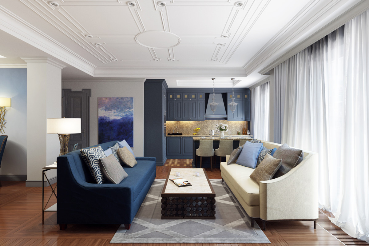 Гостиная выполнена в современном стиле с элементами американской классики в сложной гамме сине-бежевых оттенков.