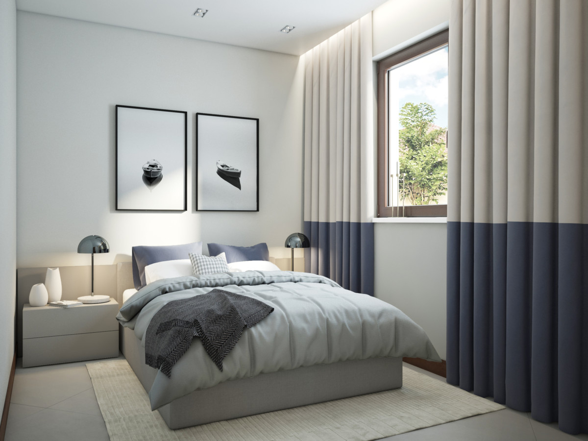 За счет серо-молочной цветовой гаммы небольшая по метражу спальня выглядит легкой и светлой. Глубокий синий оттенок в текстиле уравновешивает нейтральный интерьер и делает его более уютным .