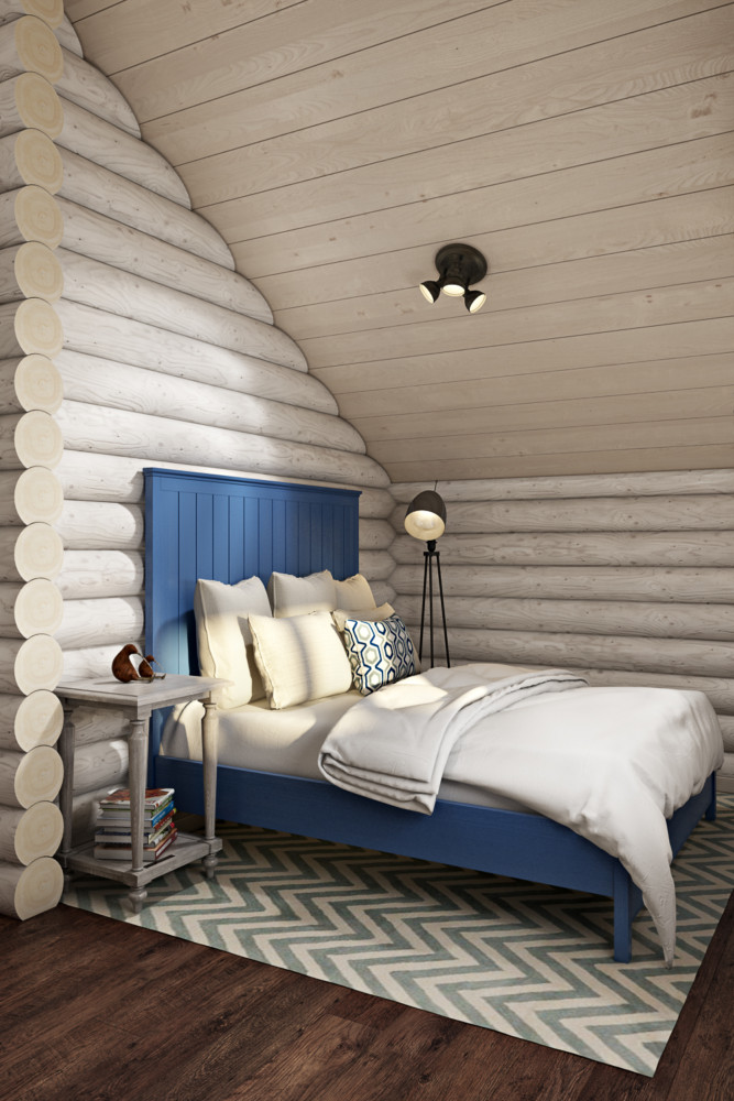 Спальня для взрослого сына. В основе интерьера — яркая кровать сочных цветов, это делает помещение красивым и необычным.