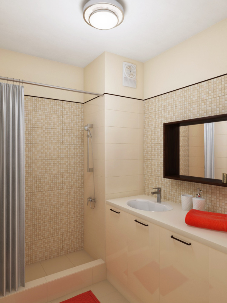 В ванной комнате — тумба для раковины и стиральной машины, душевая кабина в строительном исполнении. Контрастный  уголок для плитки отделяет её от краски и служит декоративным акцентом.