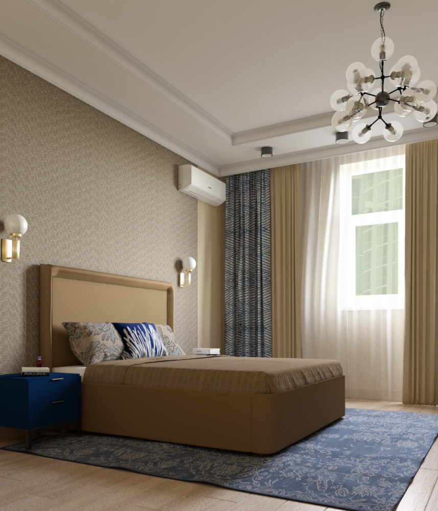 Спальня с большой гардеробой, использованы теплые песочные цвета в сочетании с глубоким синим