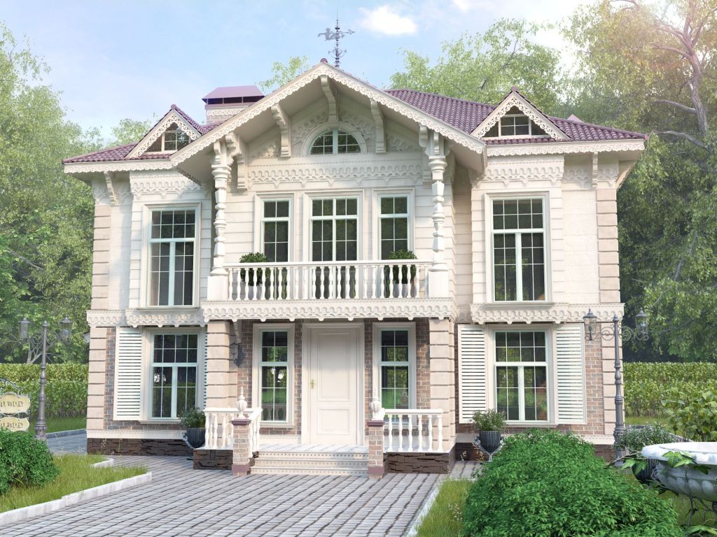 Кирпичный дом с белыми окнами (105 фото)