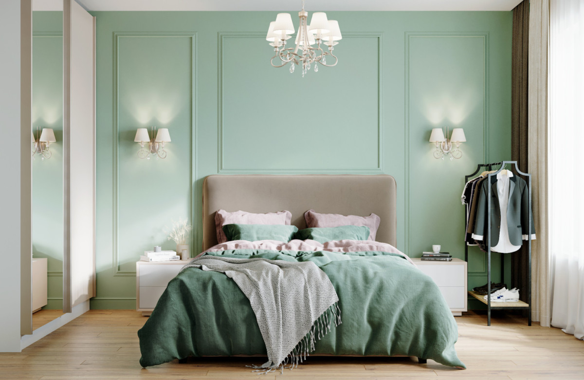 Спальная комната сделана в более сдержанных тонах и наиболее полно отражает стиль современной классики