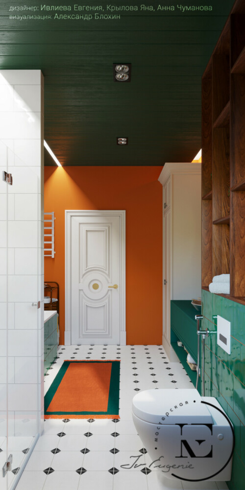 На этом ракурсе хорошо видна ярко- оранжевая стена с белой дверью. Изумрудный деревянный потолок. Такого же цвета плитка на инсталляции и кране ванной. Белая нейтральная плитка на полу не отвлекает на себя внимание. Эффект оранжевого и зеленого смотрится очень необычно. Яркий коврик на полу идет как цветовой акцент.